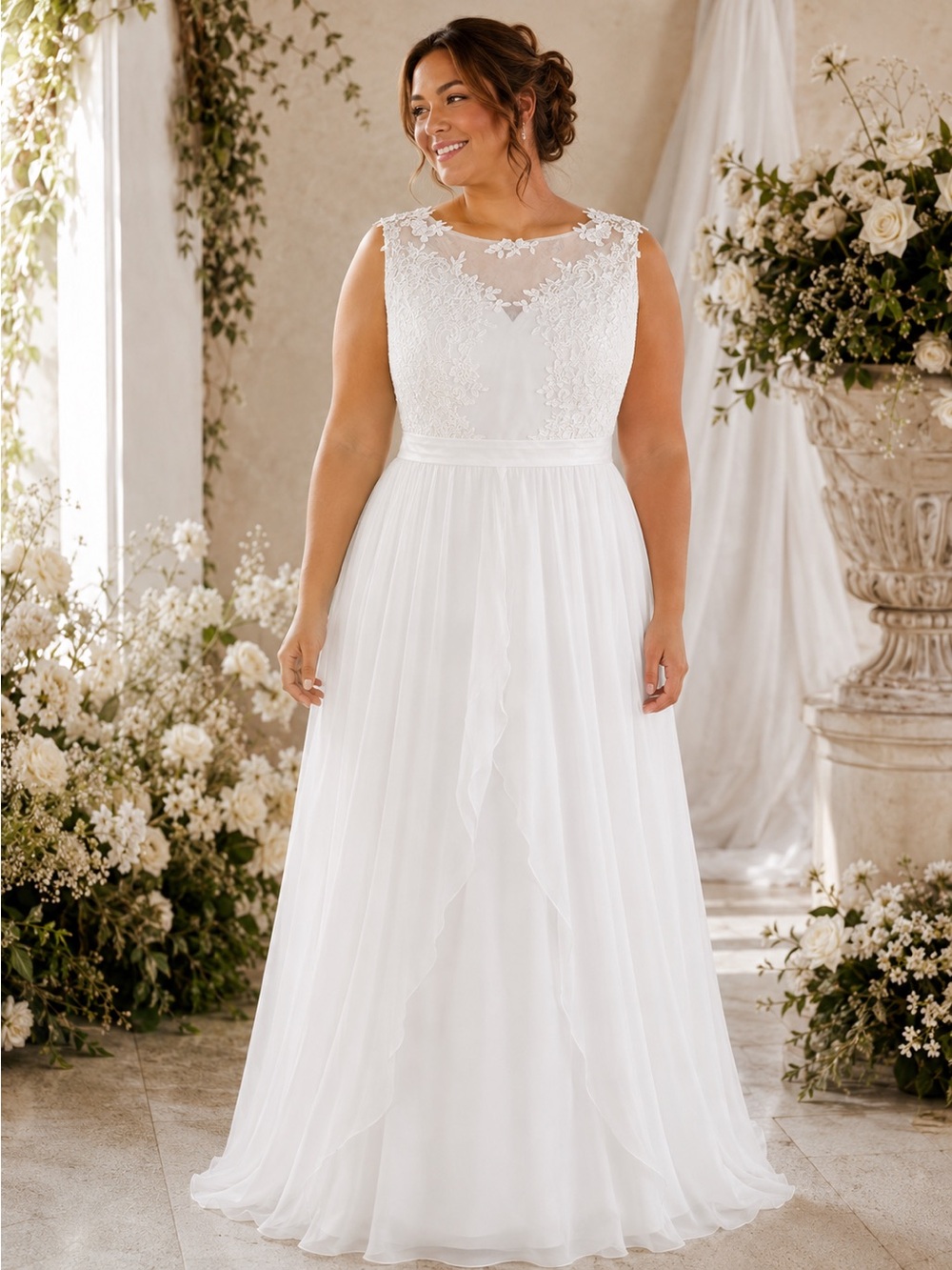 NWT Hebeos White Lace Chiffon A-Line Princess Wedding Dress Plus Size 18W